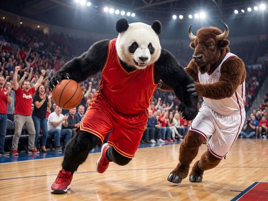A panda in a red basketball uniform driving past a bison player in a packed arena