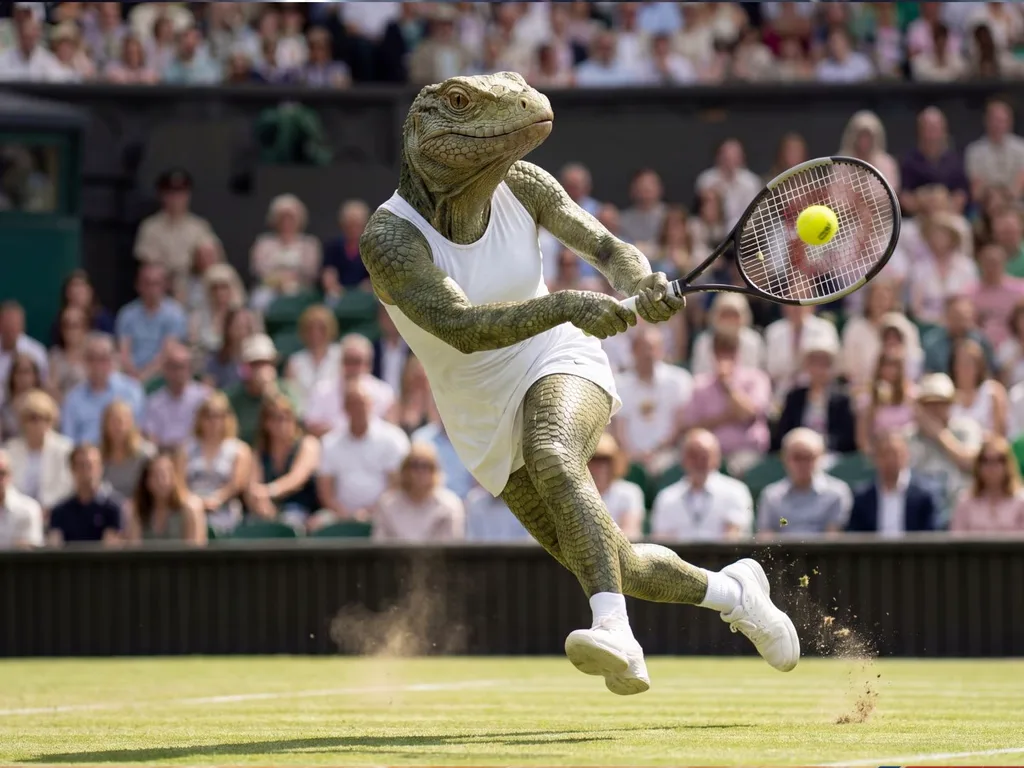 A lizard in tennis whites stretching for a backhand on a grass court in front of a full crowd