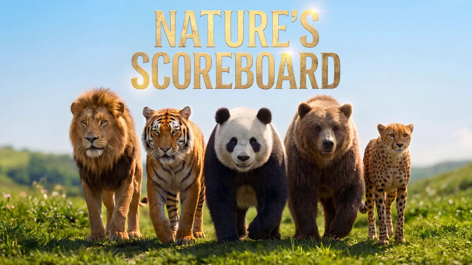Nature's Scoreboard title frame from the Know the Score campaign, with a lion, tiger, panda, bear and cheetah walking together across grassland