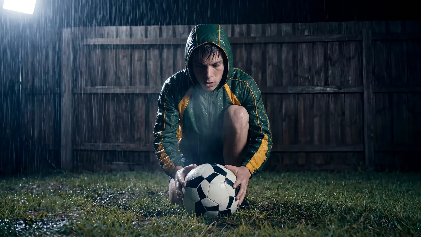 The older footballer crouched over the ball in the rain at night