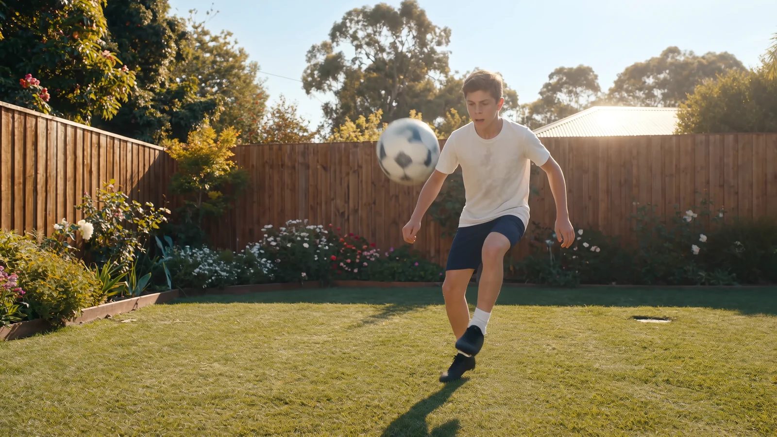 The character volleying the ball in the backyard at golden hour