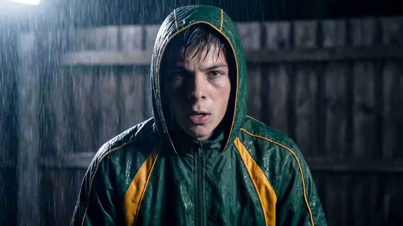 A hooded teenager crouched over a football in the rain against a backyard fence