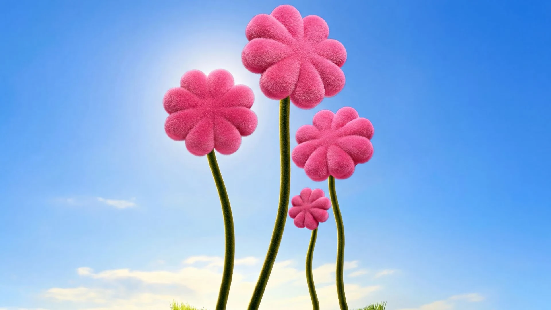 Giant pink flowers against a blue sky in the BADgal Bounce world, from the Benefit Cosmetics launch