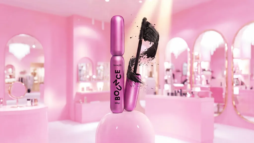 BADgal Bounce mascara and its brush revealed on a pink plinth inside a pink Benefit store interior