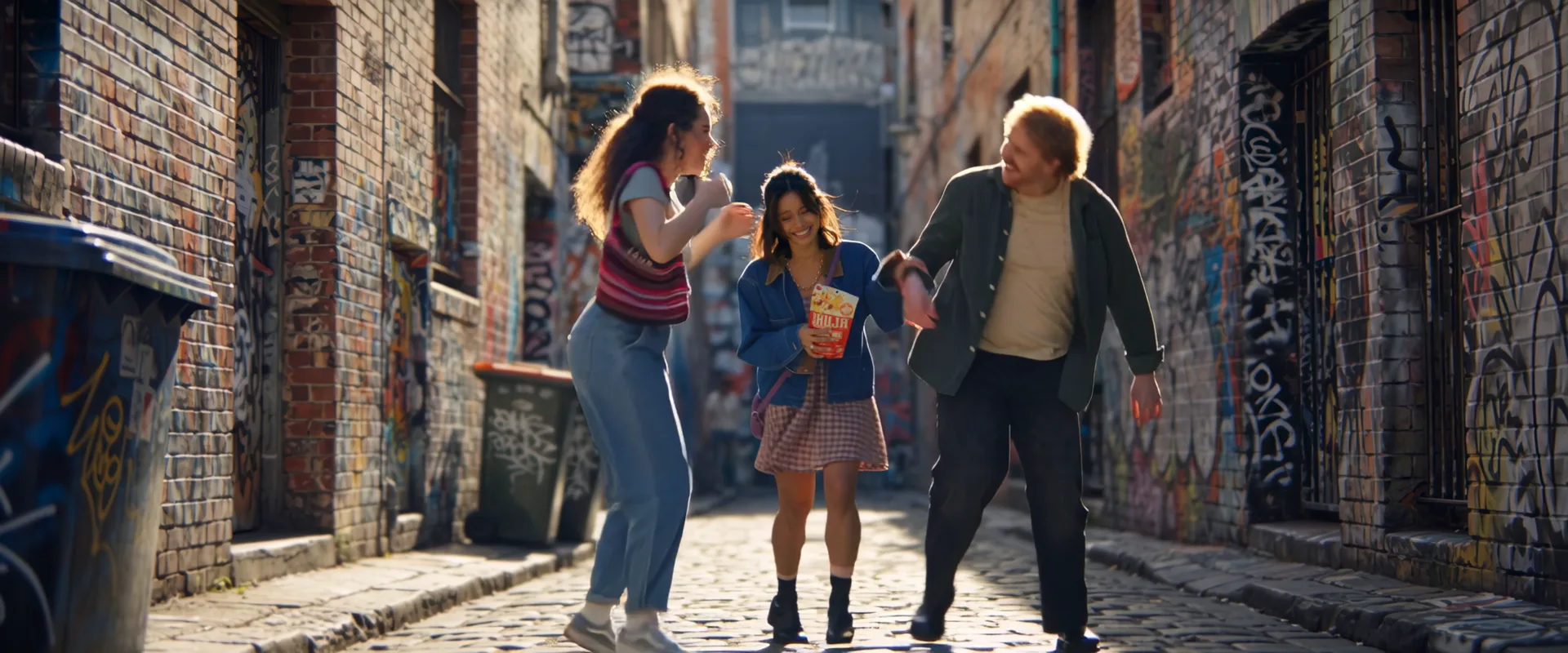 A couple dancing down a graffiti-lined city laneway, from the Bhuja TVC