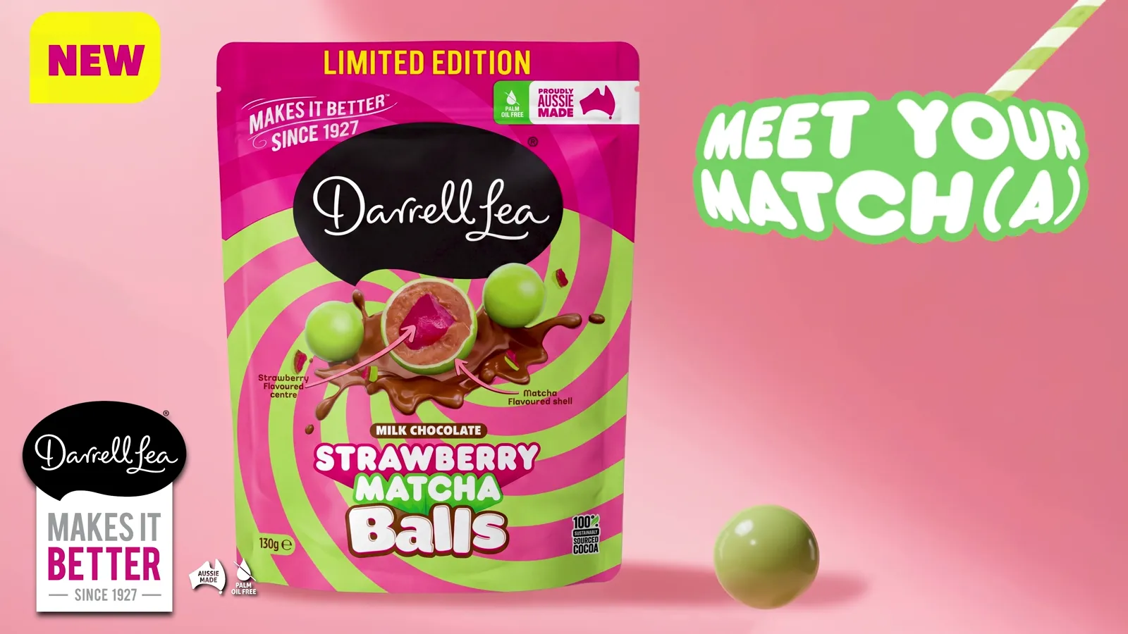 Finished Strawberry Matcha Balls pack with product alongside