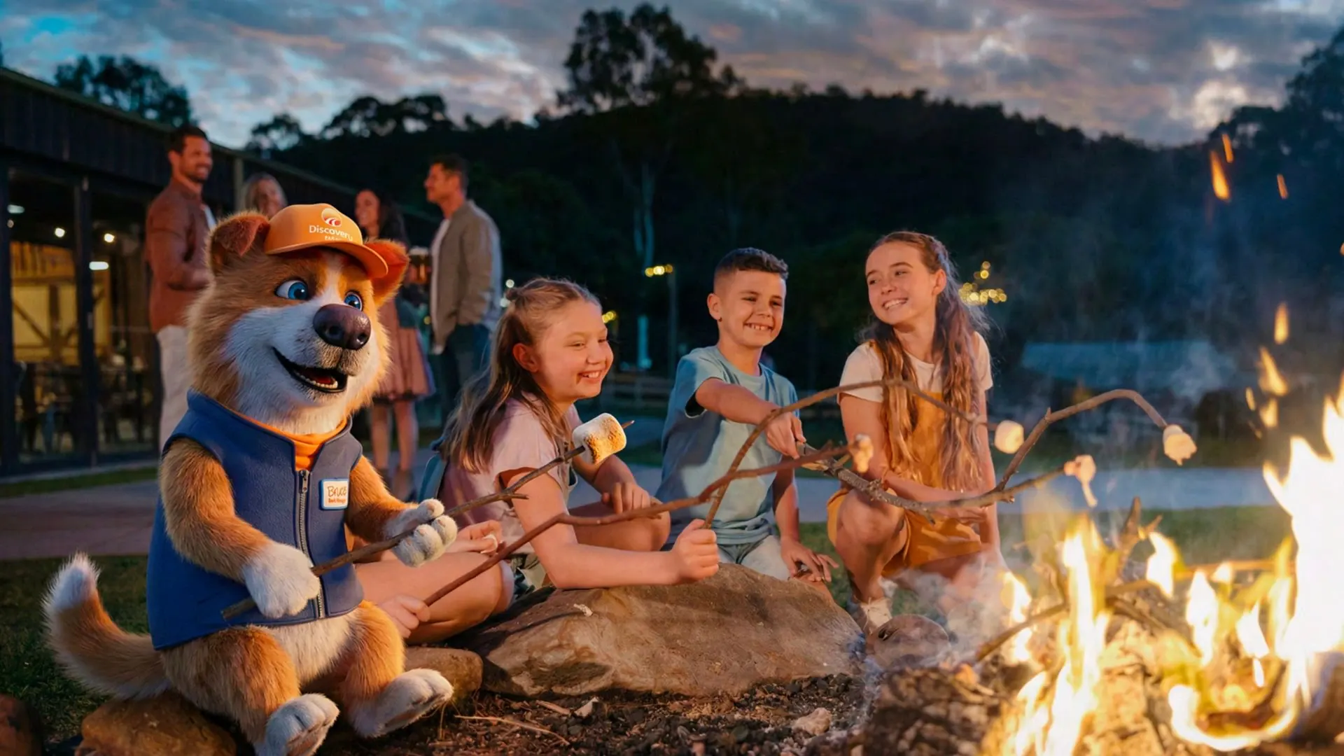 Bruce the Bark Manager toasting marshmallows with three children around a fire pit at a Discovery Parks holiday park at dusk