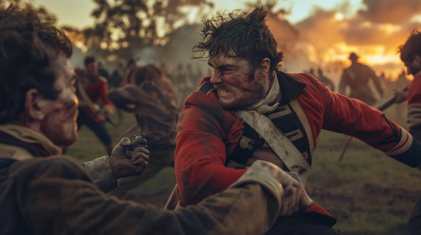 Hand-to-hand fighting between a soldier and a digger at dawn inside the Stockade
