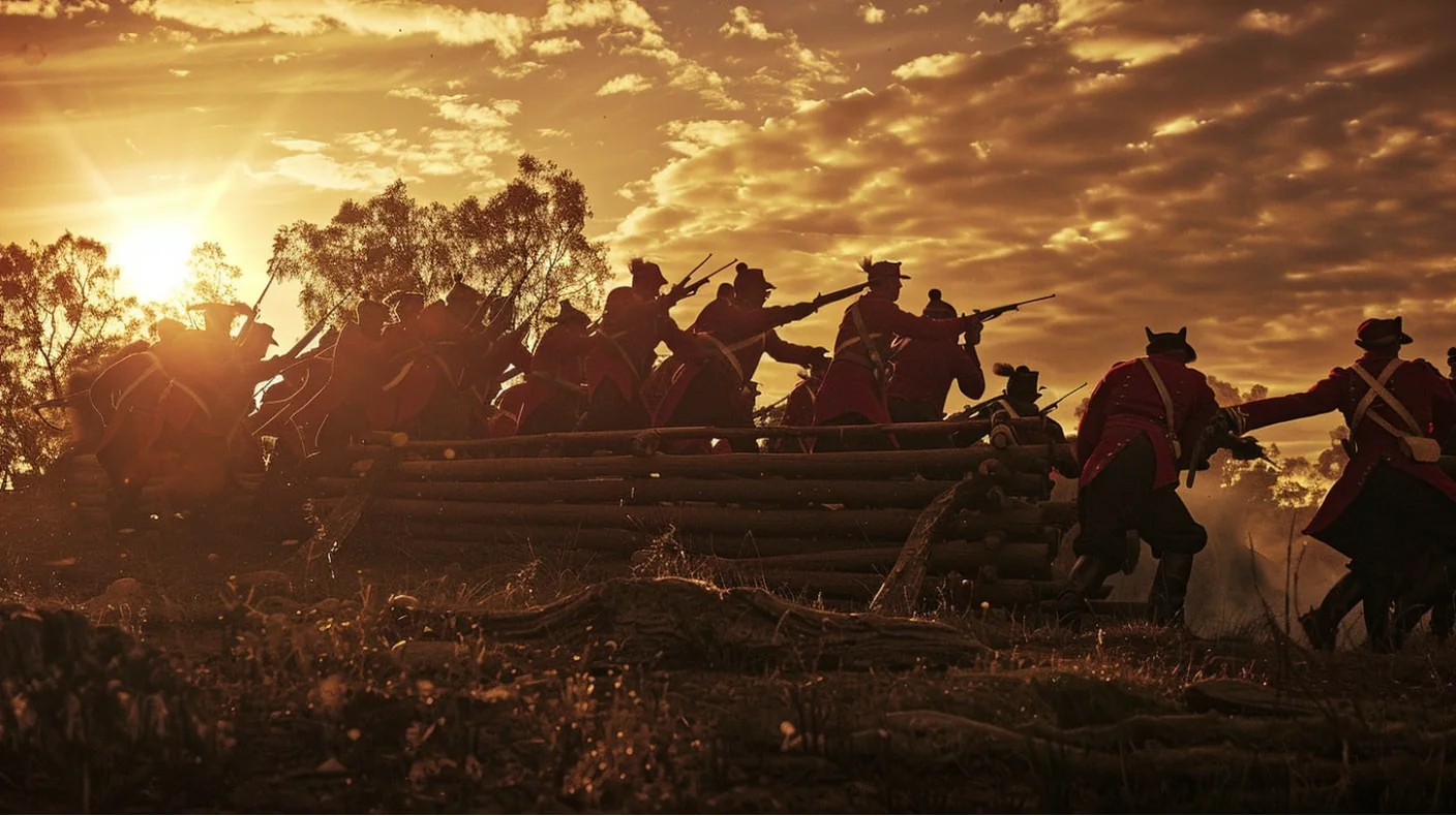 Soldiers in red coats advancing over the timber walls of the Eureka Stockade at sunrise