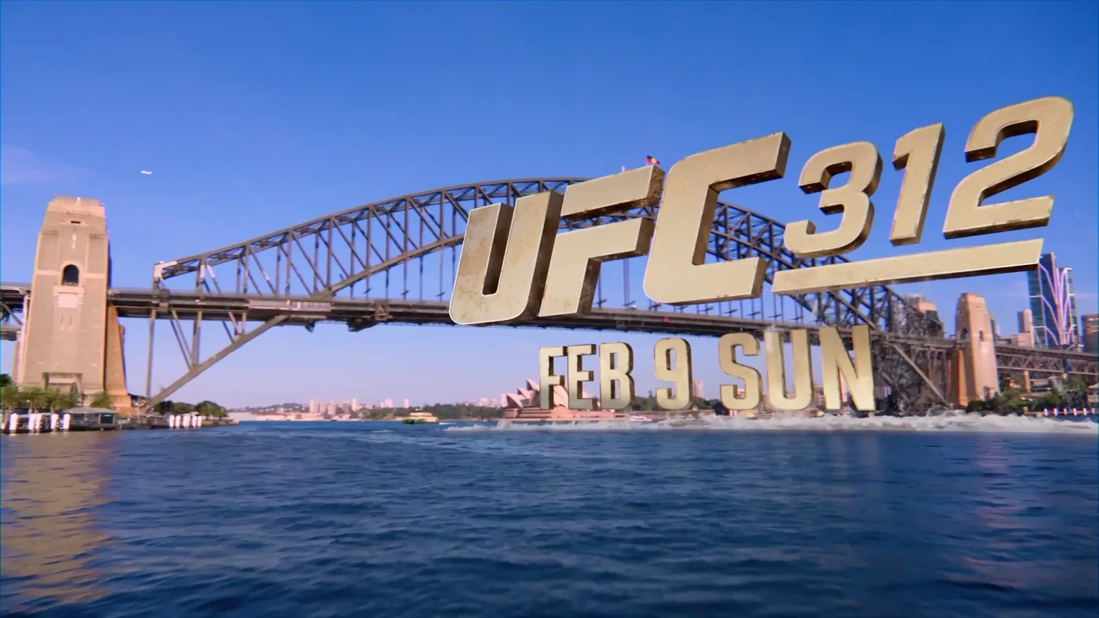UFC 312 branding standing in Sydney Harbour beneath the Harbour Bridge