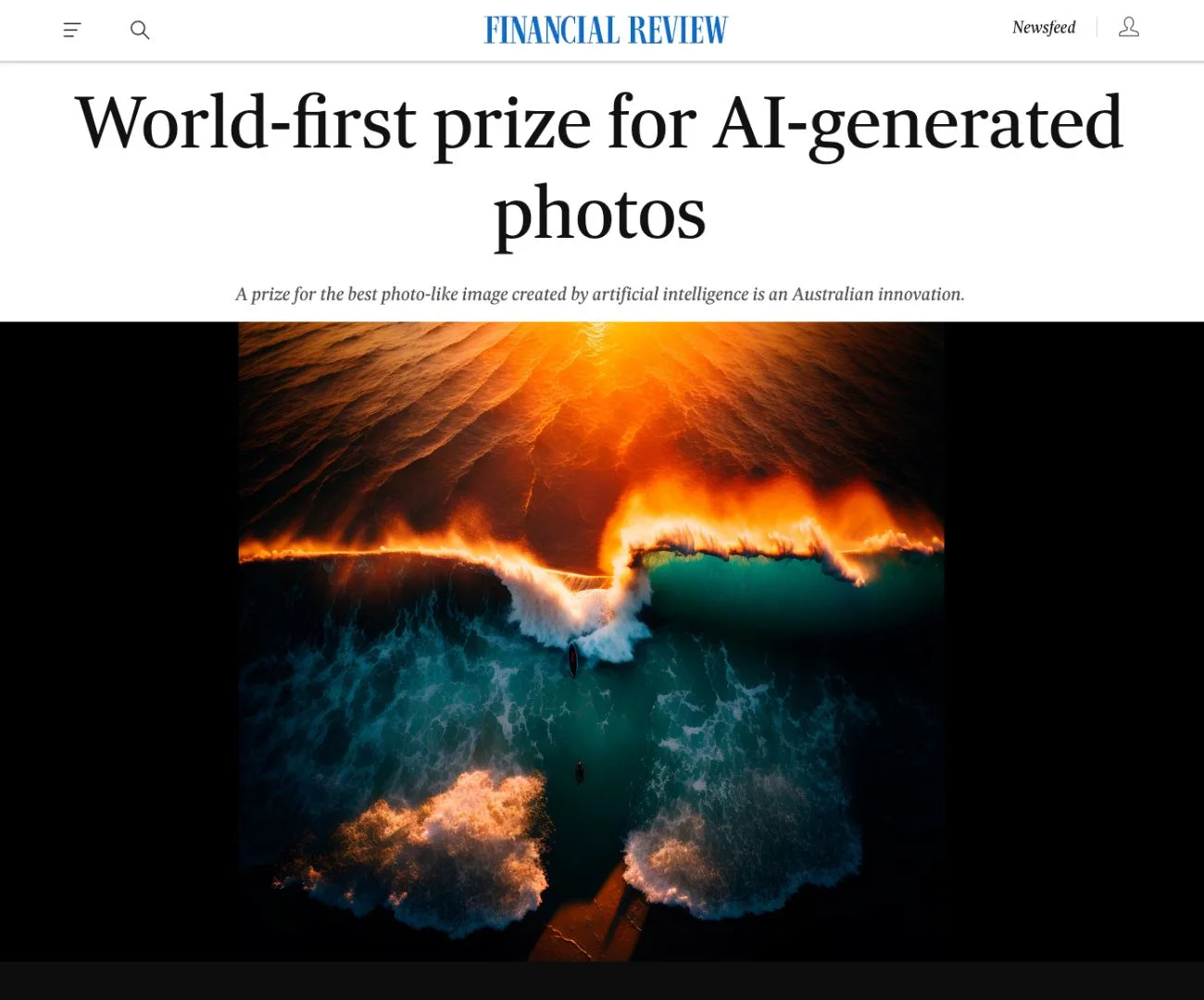 The Australian Financial Review headline, World-first prize for AI-generated photos, above the studio’s AI-generated image of a fiery orange wave