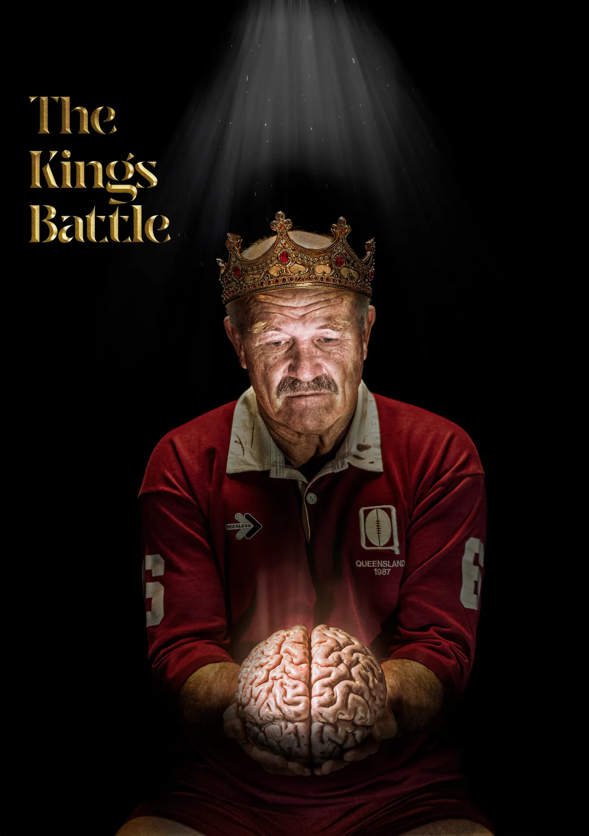 The King’s Battle, Jamie’s Brisbane Portrait Prize 2024 finalist portrait of Wally Lewis, crowned and holding a brain