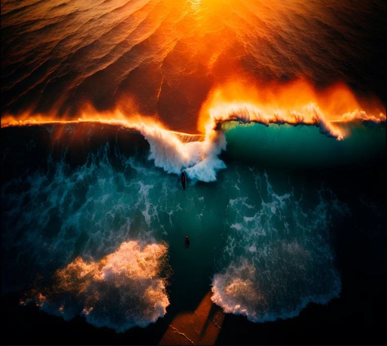 The studio’s AI-generated surf scene, a fiery orange wave seen from above, that won a photography competition in 2023